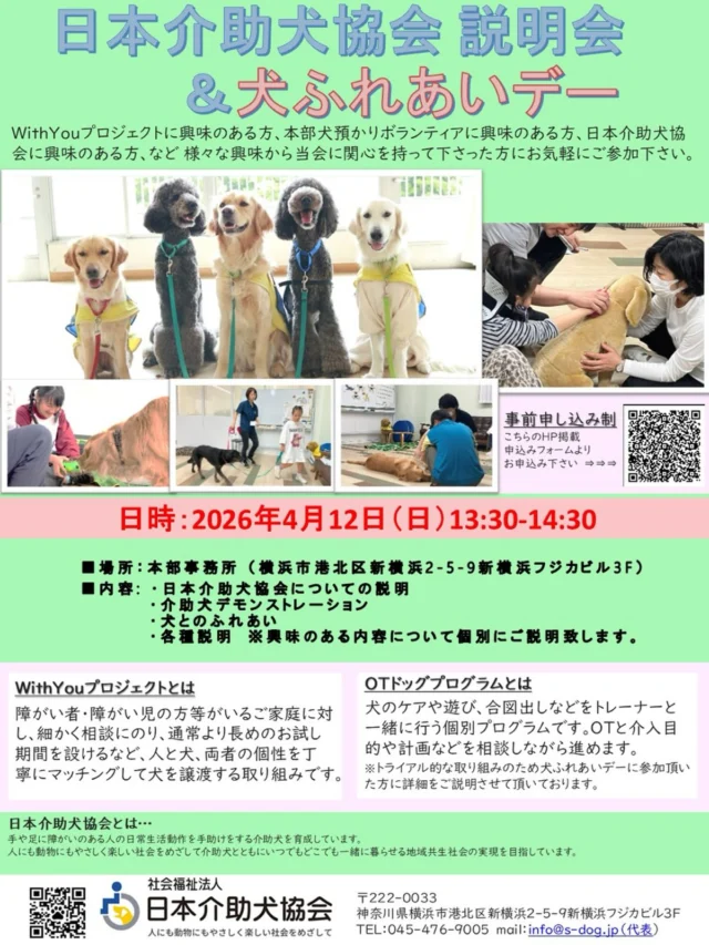 ４月12日（日） 本部JSDA説明会＆犬ふれあいデーの参加申込み受付を開始しました。詳細はHPをご確認下さい。

#新横浜本部事務所
#WithYouプロジェクトに興味がある方
#OTドッグプログラムに興味がある方
#本部犬預かりボランティアに興味がある方
#お気軽にご参加ください